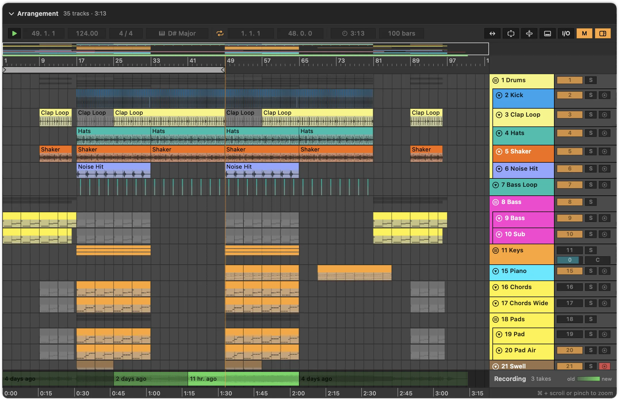 A set’s arrangement in Als Preview: colored tracks and groups with clips, MIDI notes and audio waveforms.