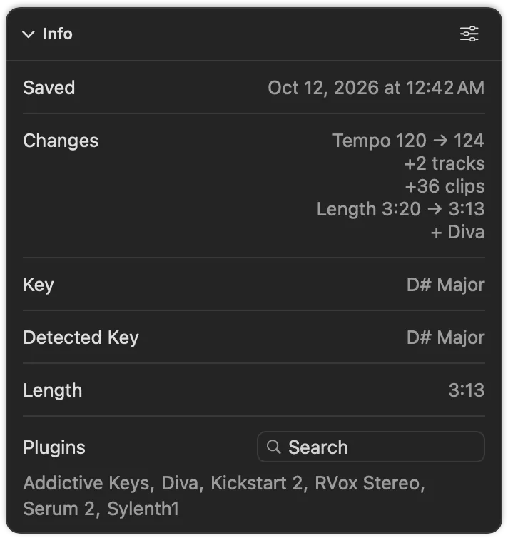 The Info card of a save: the tempo went from 120 to 124, two tracks and 36 clips were added, the length went from 3:20 to 3:13 and Diva was added. Detected key D# Major.