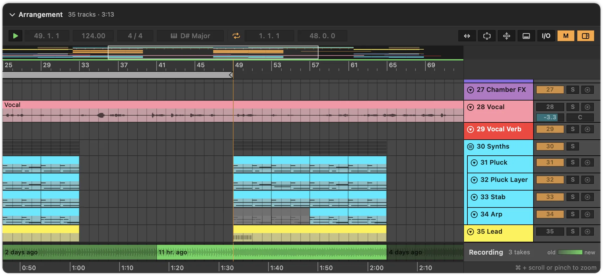 The bottom of an arrangement in Als Preview: the last tracks, then the Recording lane with the plugin’s takes as waveforms. Older takes are paler, newer ones solid, and the playhead runs through clips and recording at the same position.