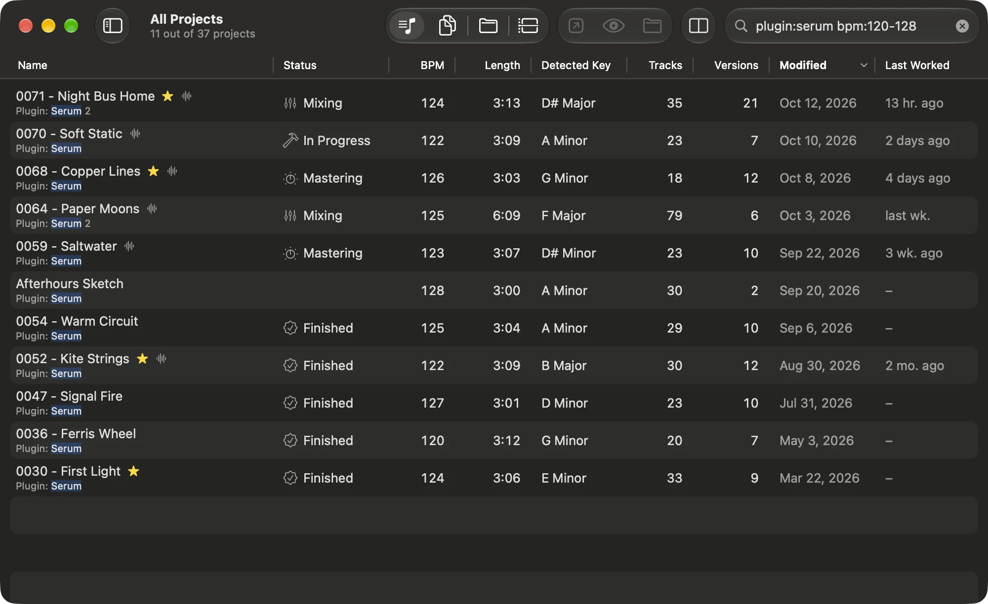 The project list in Als Preview searched for plugin:serum bpm:120-128: 11 out of 37 projects, each with the plugin it matched, its status, tempo, length and key.