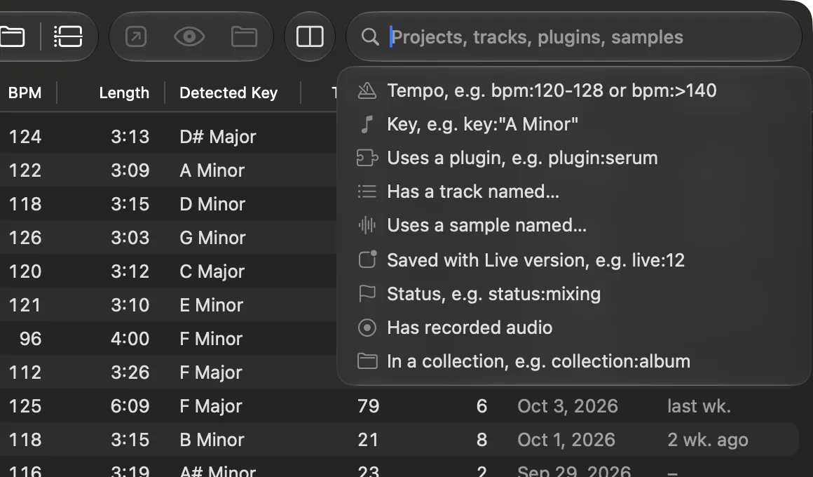 The search field in Als Preview with its filter suggestions: tempo, key, plugin, track name, sample name, Live version, status, recorded audio and collection.