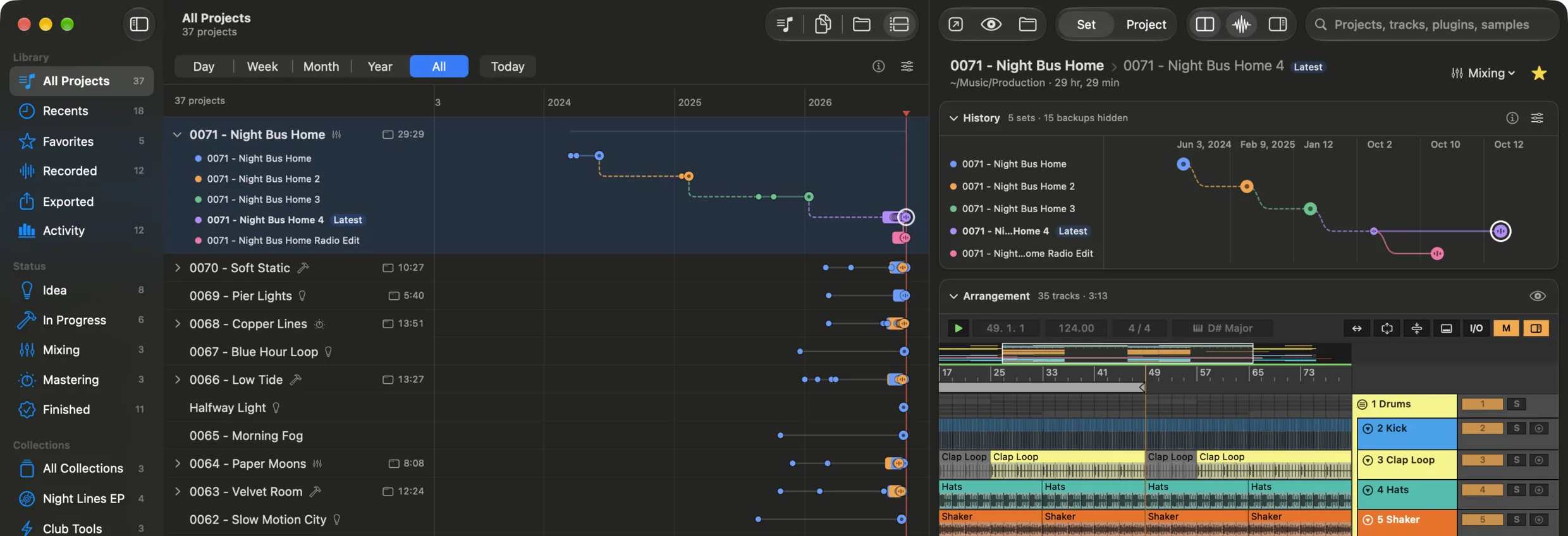The Timeline view from 2023 to 2026 with one row per project, an expanded project showing five versions, and the selected project’s history and arrangement beside it.